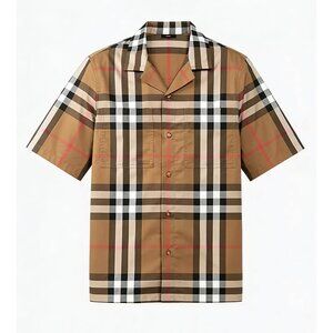 Burberry Men’s Elio Check Short Sleeve Shirt Taupe Brown L 8104201
